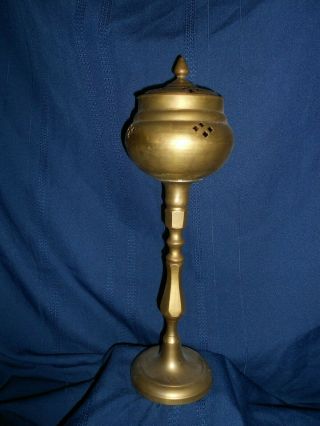 Vintage Incense Burner Brass Round Base 14 Inches Tall With Lid Tall