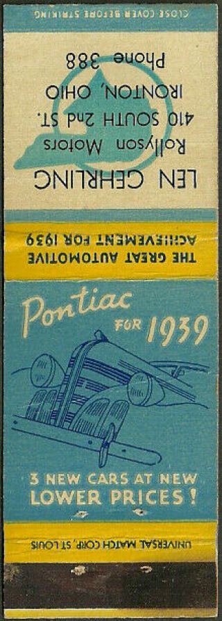 1939 Pontiac Cars Salesman At Rollyson Motors Matchbook Cover Ironton,  Oh Ohio