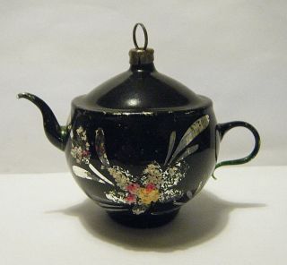Vtg 1940s Christmas Hand Blown Glass Teapot Ornament Black And Silver