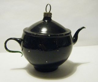 VTG 1940s CHRISTMAS HAND BLOWN GLASS TEAPOT ORNAMENT BLACK AND SILVER 2