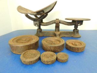 Victorian Era Cast Iron Kitchen Scales With Full Set Of Weights 1800s