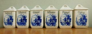 6 Vintage ‘dutch Delft Blue’ Pottery Art Deco Kitchen Spice Canisters C1930