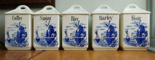 5 Vintage ‘dutch Delft Blue’ Pottery Art Deco Kitchen Canisters C1930