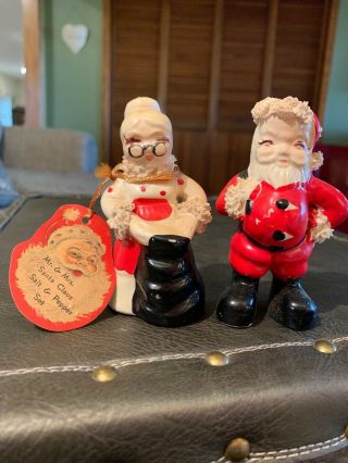 Vintage Kreiss Salt & Pepper Shakers Set Christmas Santa Claus & Mrs.  W/ Tag