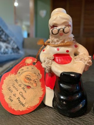 Vintage Kreiss Salt & Pepper Shakers Set Christmas Santa Claus & Mrs.  W/ Tag 3