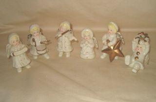 Grandeur Noel Christmas Angels Set Of Six Ivory W/gold Accents Figurines