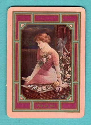 1 Single Swap Playing Card Pretty Lady Plays Solitaire Antique Linen Vintage Old