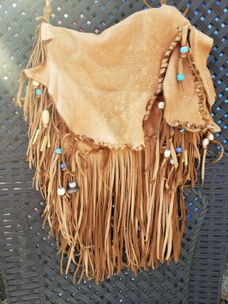 Handmade Brown Leather Deerskin Medicine Bag Pouch Hobo Hippie Braid Beads Boho