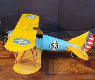 Vintage Model Tinplate Raf Royal Air Force Yellow Stunt Biplane Single Seater