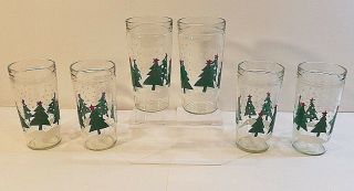 6 Vintage Anchor Hocking Christmas Jelly Jar Glasses / Tumblers W/ Trees Design