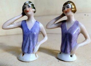 2 Identical 2½ " Antique Porcelain Pin Cushion Half Dolls Marked Germany C1920s