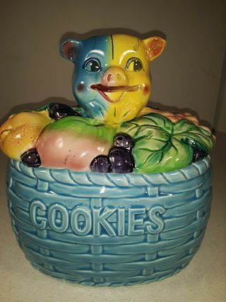 Vintage Cookie Jar - Pig In A Basket Of Fruit - - Blue And Multicolor