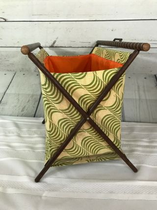 Vintage Fabric Yarn Knitting Crocheting Sewing Basket Caddy Wood Folding Frame 4