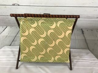 Vintage Fabric Yarn Knitting Crocheting Sewing Basket Caddy Wood Folding Frame 5