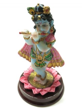 Lord Blue Sri Krishna Krsna Divine Flute Peacock Figurine Hindu God Indian