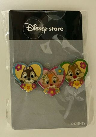 Rare Japan Disney Store Pin 22795 Jds Triple Heart Chip & Dale With Clarice