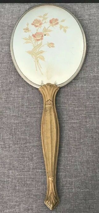 Vintage Hand Held Vanity Mirror Lovely Floral Design Midcentury