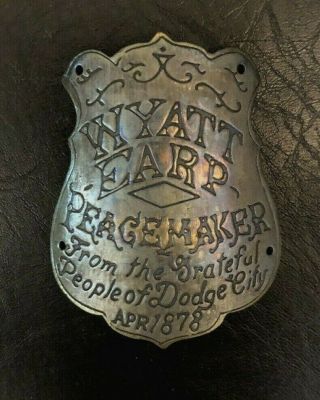 1878 Brass Wyatt Earp Peacemaker Gun Butt Tag Plaque Western Old West Grip Badge