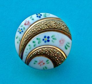 A 23mm Antique Victorian Floral Gold Metal & Milk Glass Enamelled Button