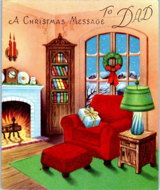 Flocked Chair Family Living Room Fireplace Home Cozy Vtg Christmas Greeting Card
