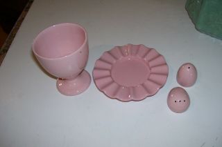 Vintage PINK EGG CUP w/Underplate & Matching S&P by De Anza Porcelain - California 2