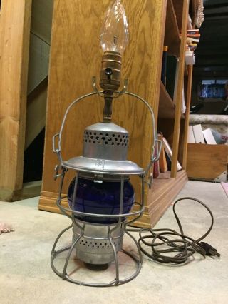 Vintage Railroad Lantern Adlake Kero Electrified Two Bulb Blue Globe