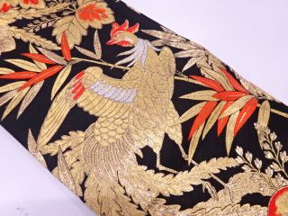 86855 Japanese Kimono / Vintage Maru Obi / Woven Paulownia & Phoenix