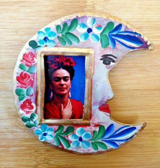 Mexican Nicho Frida Kahlo Print In Moon Shadow Box Hand Painted Tin Frame