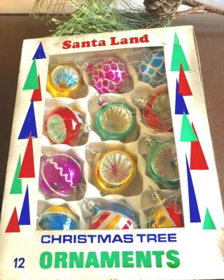 12 Vtg Glass Colorful 2 " Xmas Ornaments - Indents/glitter - Poland W/box Lovely