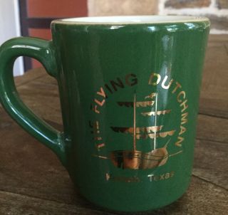 Vintage Flying Dutchman Kemah Texas Restaurant Ware Green & White Vitreous Mug