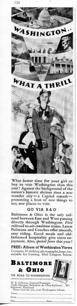 1935 Print Ad Of Baltimore & Ohio B&o Railroad To Washington What A Thrill