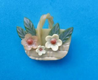 A Vintage Marion Weeber Celluloid Button,  Basket Of Flowers
