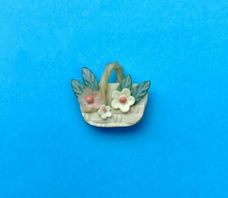 A Vintage Marion Weeber Celluloid Button,  Basket of Flowers 4