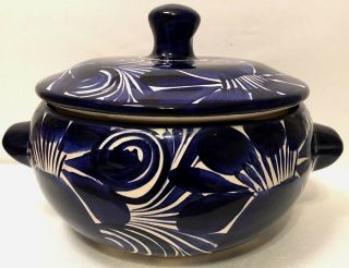 Mexican Pottery Talavera Casserole Bean Pot Bowl Lid Kitchen Folk Art Blue