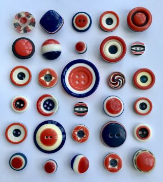 30 Vintage & Red White & Blue Plastic Buttons,  11mm To 33mm