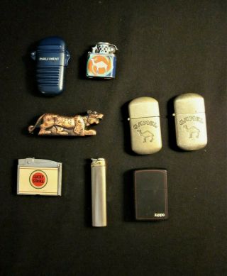 8 Vintage Cigarette Lighters,  Advertising,  Other - Zippo,  Lucky Strike,  Camel