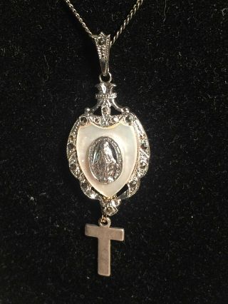 Vintage Sterling Silver Theda Mother Mary Pendant Cross Necklace Mother Of Pearl