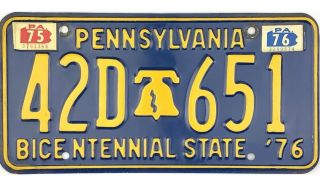 99 Cent 1976 Pennsylvania Bicentennial License Plate 42d - 651 420 Nr