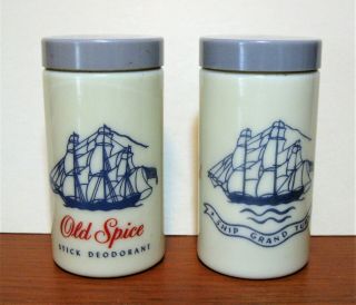 Two Vintage Old Spice Stick Deodorant 2 1/2 Ounce Milk Glass Bottles Jars