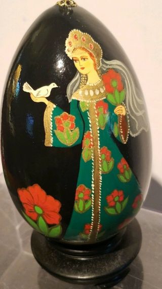 Vintage Russian Hand Painted Lacquer Egg.  With Stand.  Nr