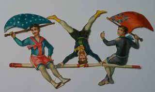 Antique,  Embos,  Diecut,  Chromo Victorian Circus Scrap.  Acrobatic Trio.  App.  16x9cm