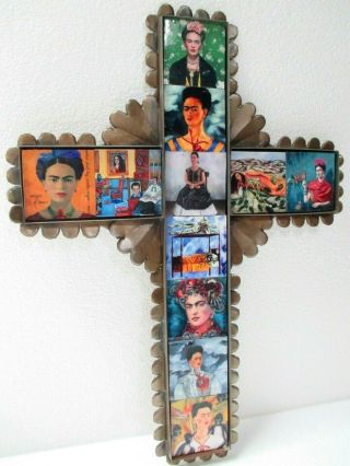 Mexican Folk Art Punched Tin Wall Cross Wood Tile Frida Kahlo 15 "