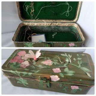 Sewing Box Painted Floral Dragonfly Case Kit,  Scissors Needle Nest Keeper