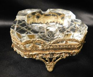 Vintage Ormolu Style Cut Glass And Footed Brass Filegree Ashtray Or Trinket