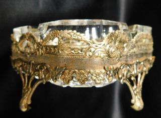 Vintage ORMOLU Style Cut Glass and Footed Brass Filegree Ashtray or Trinket 2