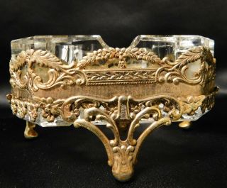 Vintage ORMOLU Style Cut Glass and Footed Brass Filegree Ashtray or Trinket 3