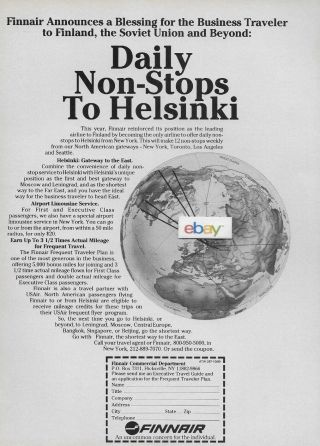 Finnair Finland 1989 Nonstop To Helsinki From Seattle/los Angeles/jfk Dc - 10 Ad