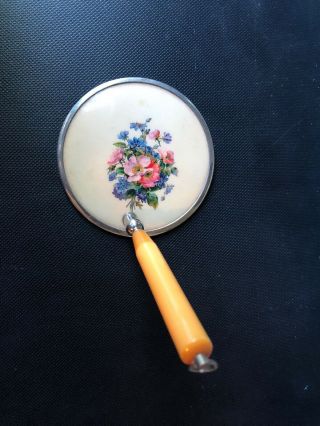Vintage Magnified Hand Mirror With Swivel Bakelite Handle,  Label