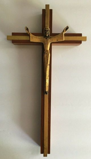 Mid Century Modern Wood And Metal Wall Crucifix