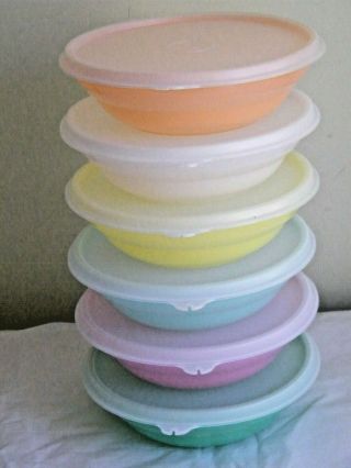 6 Vintage Tupperware 155 Pastel Cereal Bowls W/ Clear Seals Nos -